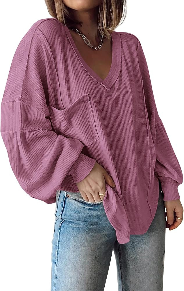 BTFBM Womens Fall Fashion 2025 Long Sleeve Shirts Casual V Neck Ribbed Knit Blouses Pullover Tren... | Amazon (US)