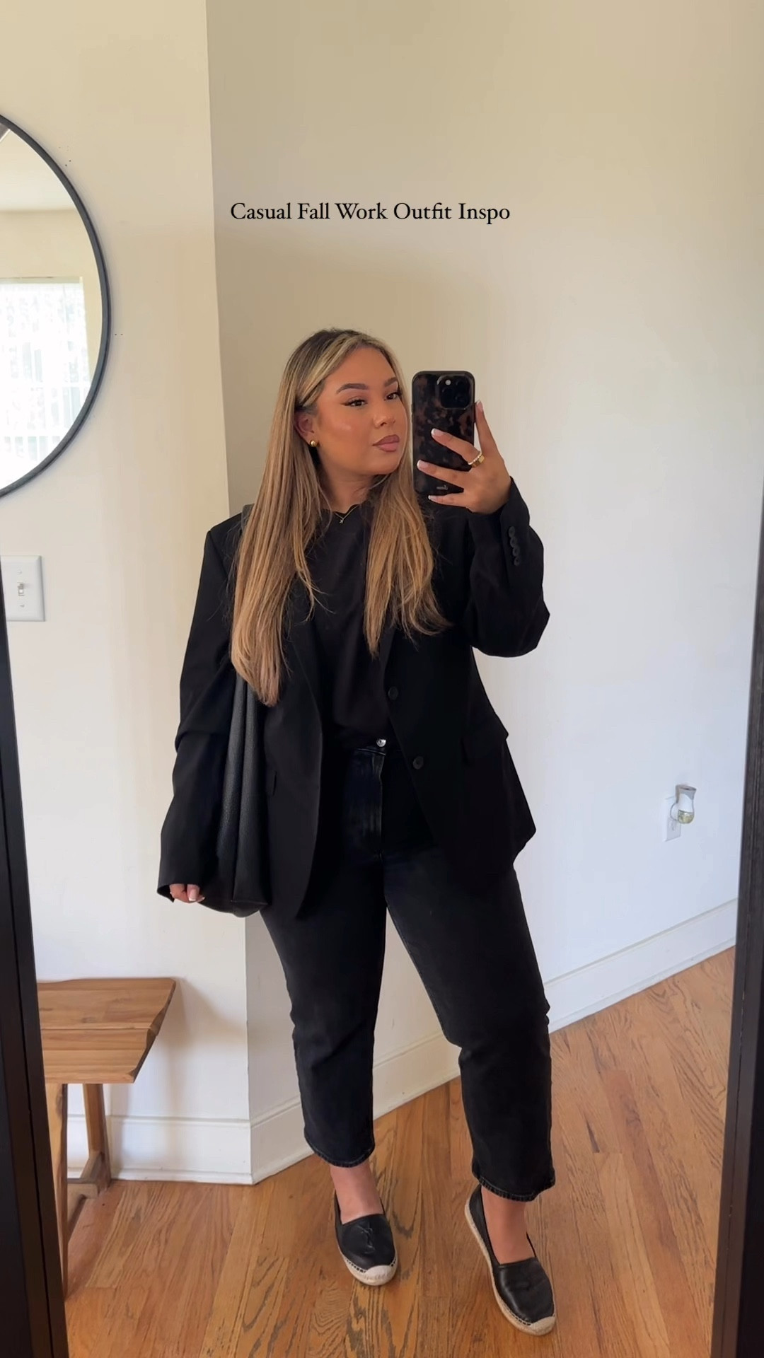 Casual Fall Work Outfit Inspo 👜🖤

Black jeans size 31 
Blue jeans size 31 
Cotton t-shirts size down as it is a boxy fit. The black one is cotton-on, I also have it in white couldn’t find for the video lol but I highly recommend. The quality is perfection just size down🫶🏼

#LTKStyleTip #LTKMidsize #LTKSeasonal