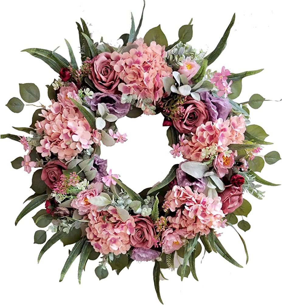 WANNA-CUL 24 Inch Spring Hydrangea Floral Wreath for Front Door with Rustic Pink Rose and Corn Po... | Amazon (US)