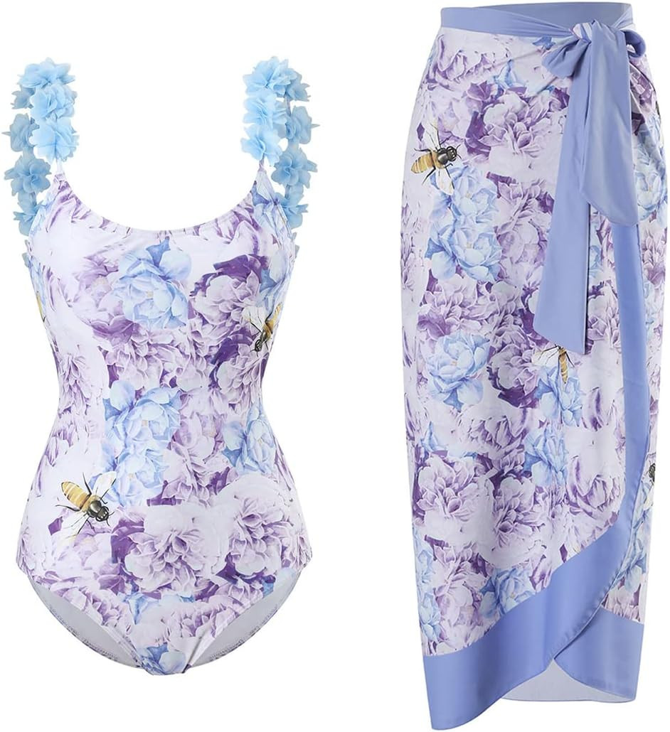 IMEKIS Women 2 Pieces Beach Swimsuit Floral Print Tropical Bikini Swimsuit with Cover up Wrap Ski... | Amazon (US)