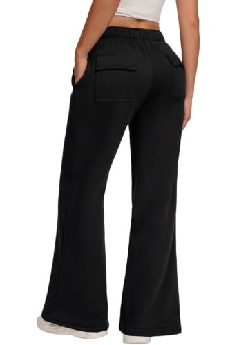 QINSEN Women's Fleece Lined Flared Sweatpants Cotton Wide Leg Lounge Sweat Pants Back Pockets Drawstring Waist Black S | Amazon (US)