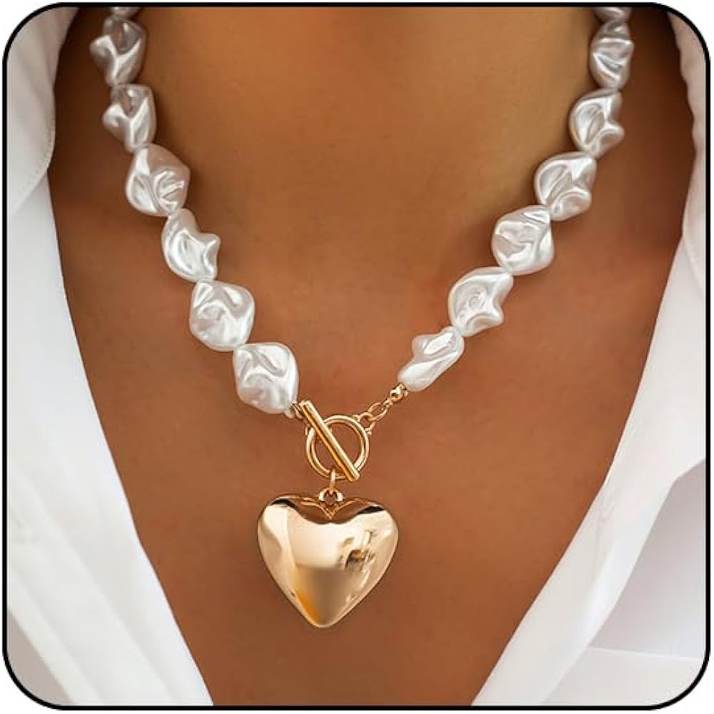 Otxas Chunky Heart Necklace Statement Necklace for Women Big Puffy Heart Necklaces Chunky Chain J... | Amazon (US)