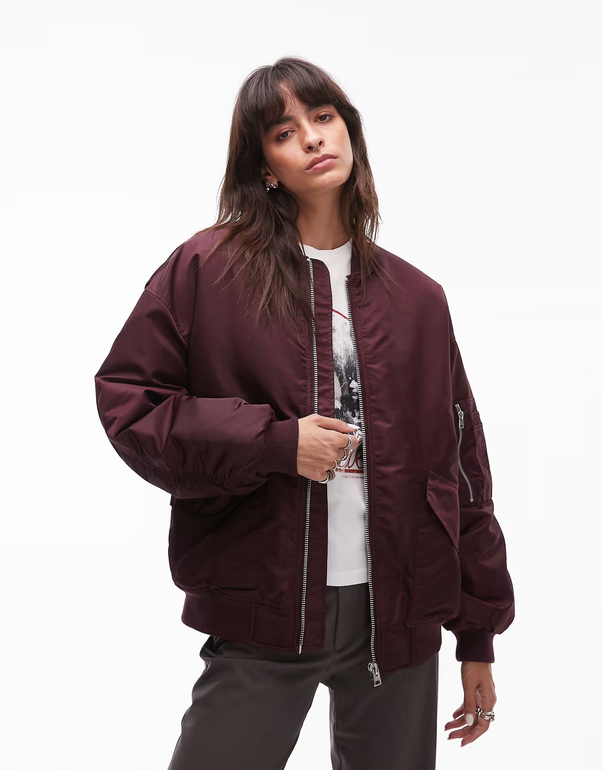 Topshop nero collar nylon bomber jacket in burgundy | ASOS (Global)