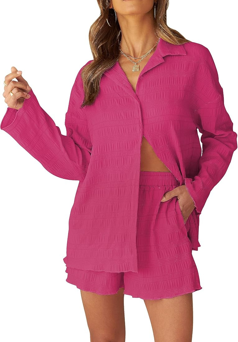 Women's 2 Piece Outfits Long Sleeve Button Down Textured Shirt and Shorts Lounge Sets | Amazon (US)