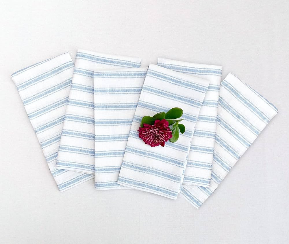 Solino Home Summer Linen Dinner Napkins – 100% Pure Linen Capri Ticking Stripe Napkins Set of 6... | Amazon (CA)