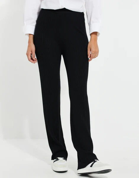 Women's Black Rib Wide Leg Trousers | Threadbare