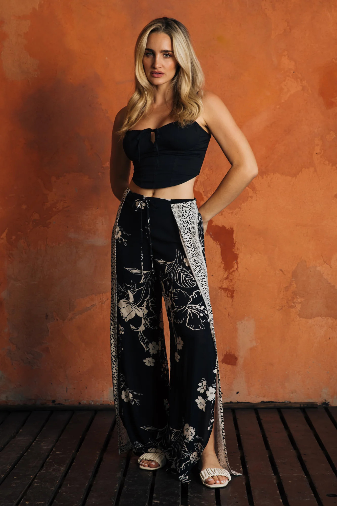 Wide Leg Border Wrap Pant - Black Floral | ReWash