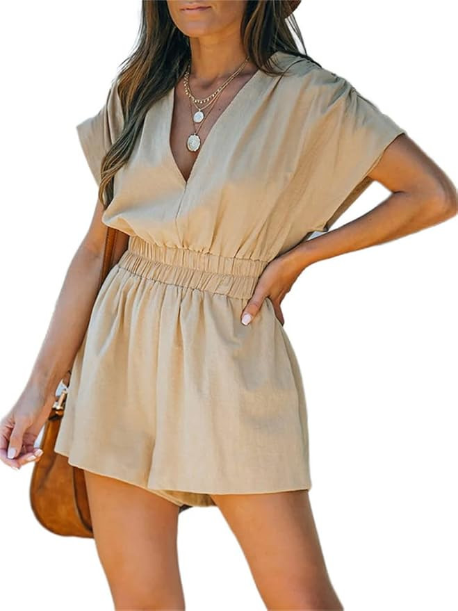 KEOMUD Women’s V Neck Rompers Short Sleeve Elastic Waist Casual Playsuit Jumpsuit with Pockets | Amazon (US)
