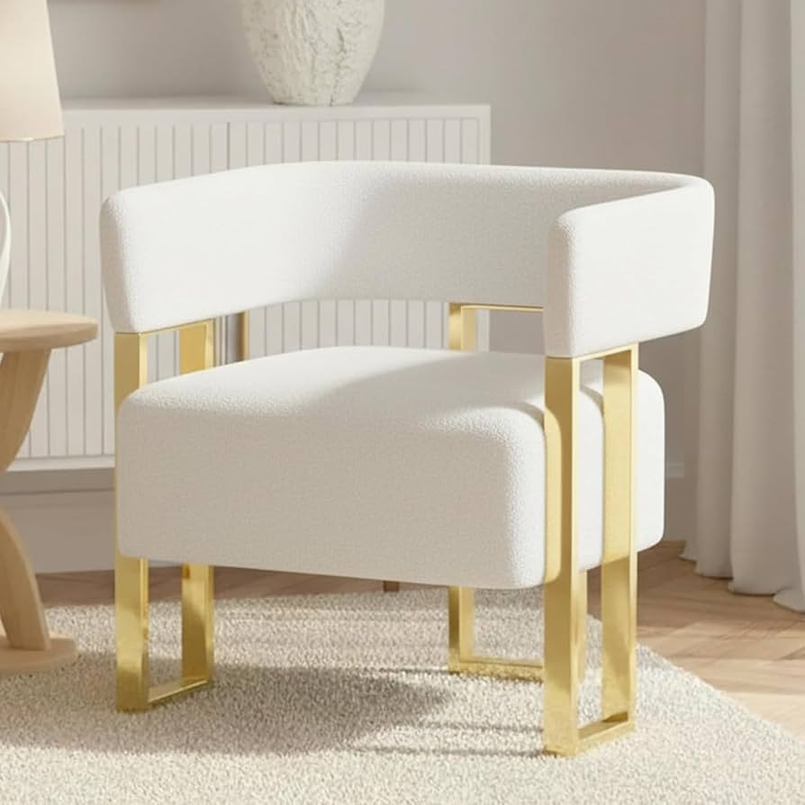 Mid Century Modern Accent Chair, Barrel Armchair, White Boucle, Gold Leg | Amazon (US)