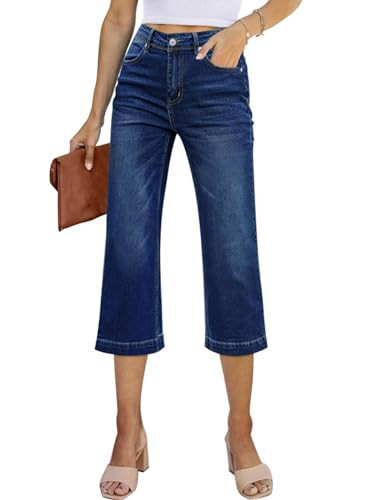 Sidefeel Women's Capri Jeans High Waisted Stretchy Wide Leg Denim Pants Jeans for Women 2025 Size 8 Deep Blue | Amazon (US)