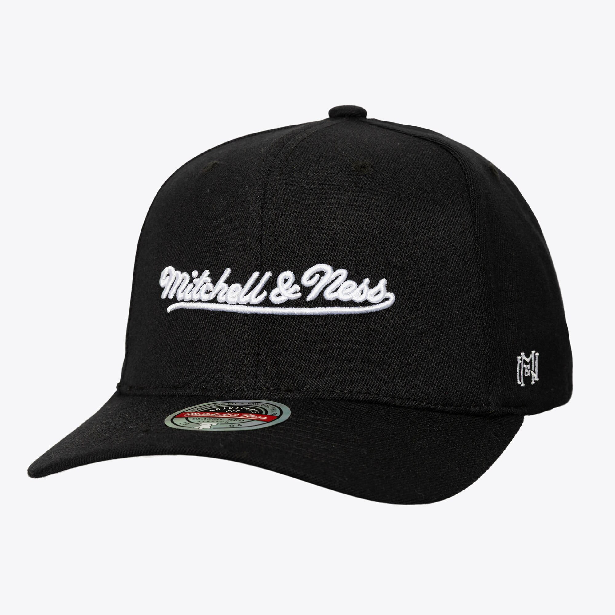 Black M&N Script Stretch Snapback Hat | Mitchell & Ness