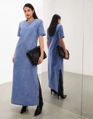ASOS EDITION denim shoulder pad midaxi dress in blue | ASOS (Global)