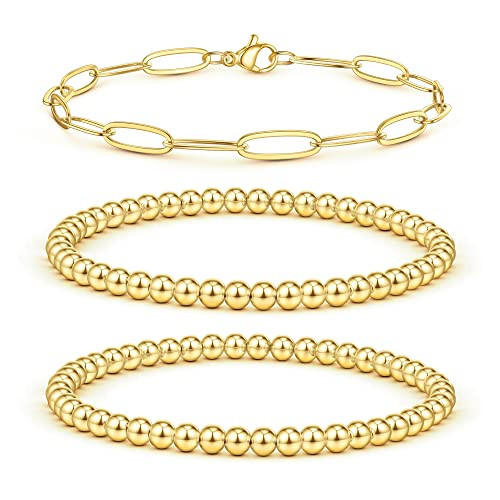 GLIJWELE Gold Beaded Bracelets for Women, 14K Gold Plated Bead Bracelet for Women Stackable Gold Bead Bracelets for Women Layered Gold Bracelets for Women Gold Jewelry for Women | Amazon (US)