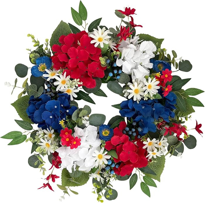 20 Inch 4th of July Wreath, Patriotic Wreaths for Front Door, Red White Blue Hydrangea Flower Wre... | Amazon (US)
