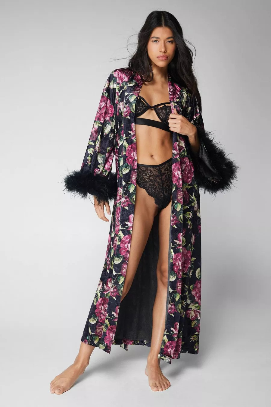 Premium Floral Velvet Feather Trim Maxi Robe | Nasty Gal US