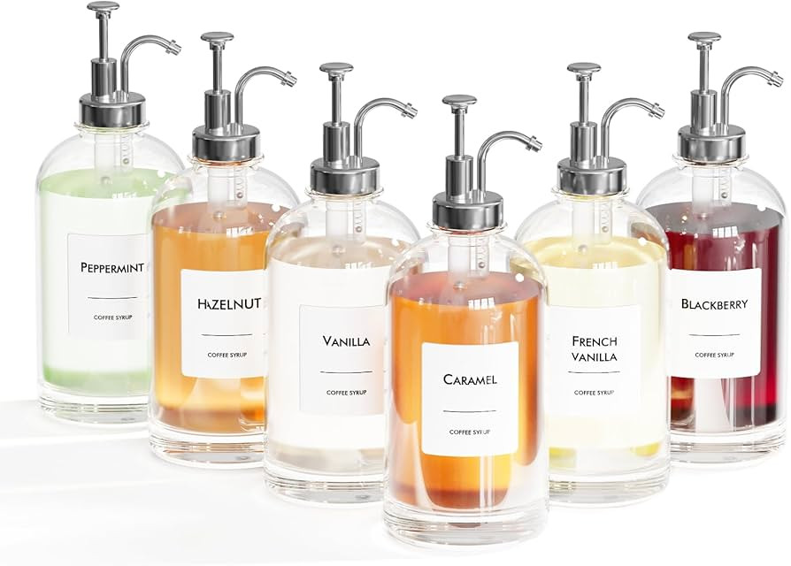 16.9 oz/500 ml Coffee Syrup Dispenser Set - 6 Glass Bottles with Silver Pumper and Syrup Labels -... | Amazon (US)