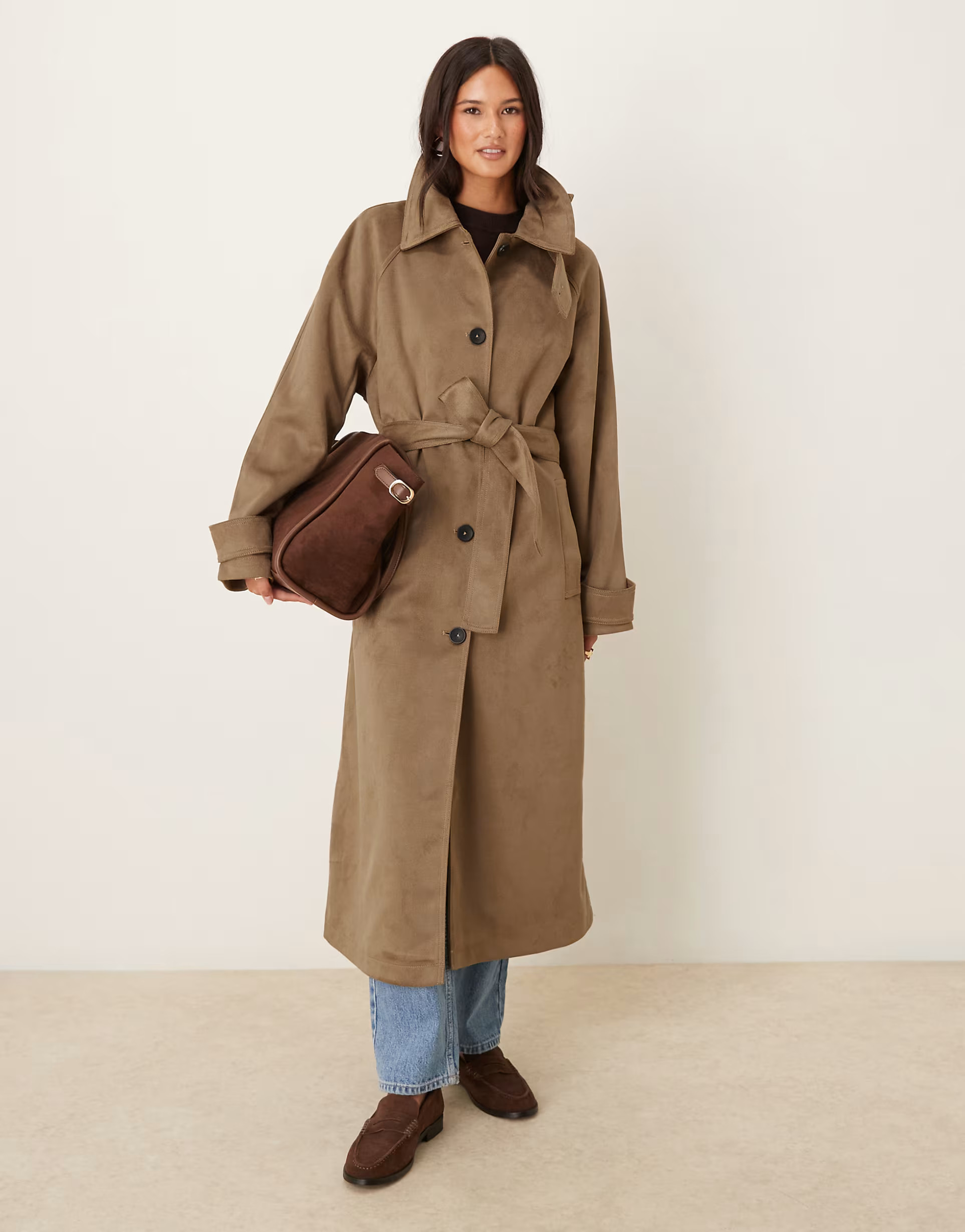ASOS DESIGN faux suede funnel neck trench coat in stone | ASOS (Global)