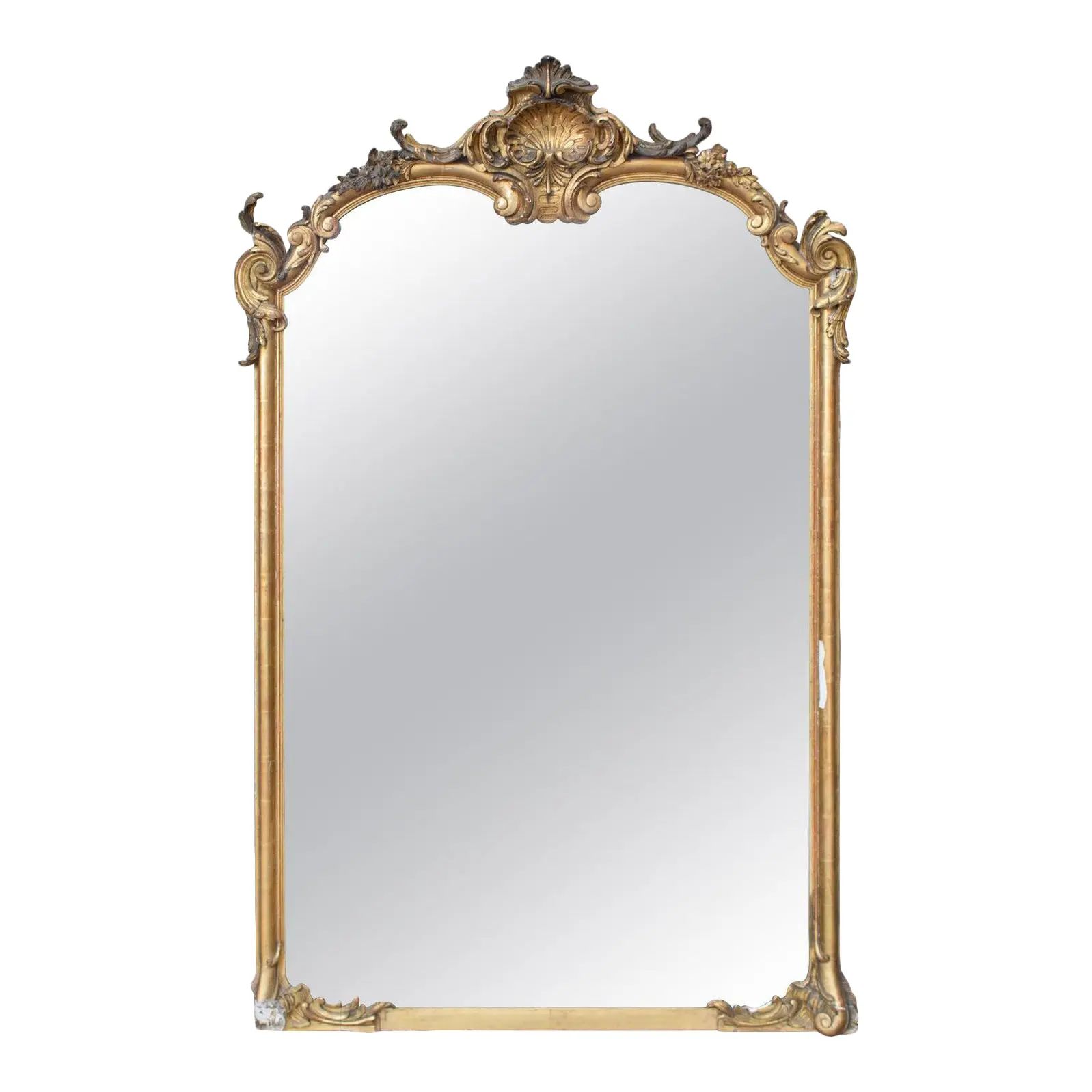 Antique Gilt Full-Length Mirror With Decorative Carvings and Shell Cartouche | Chairish
