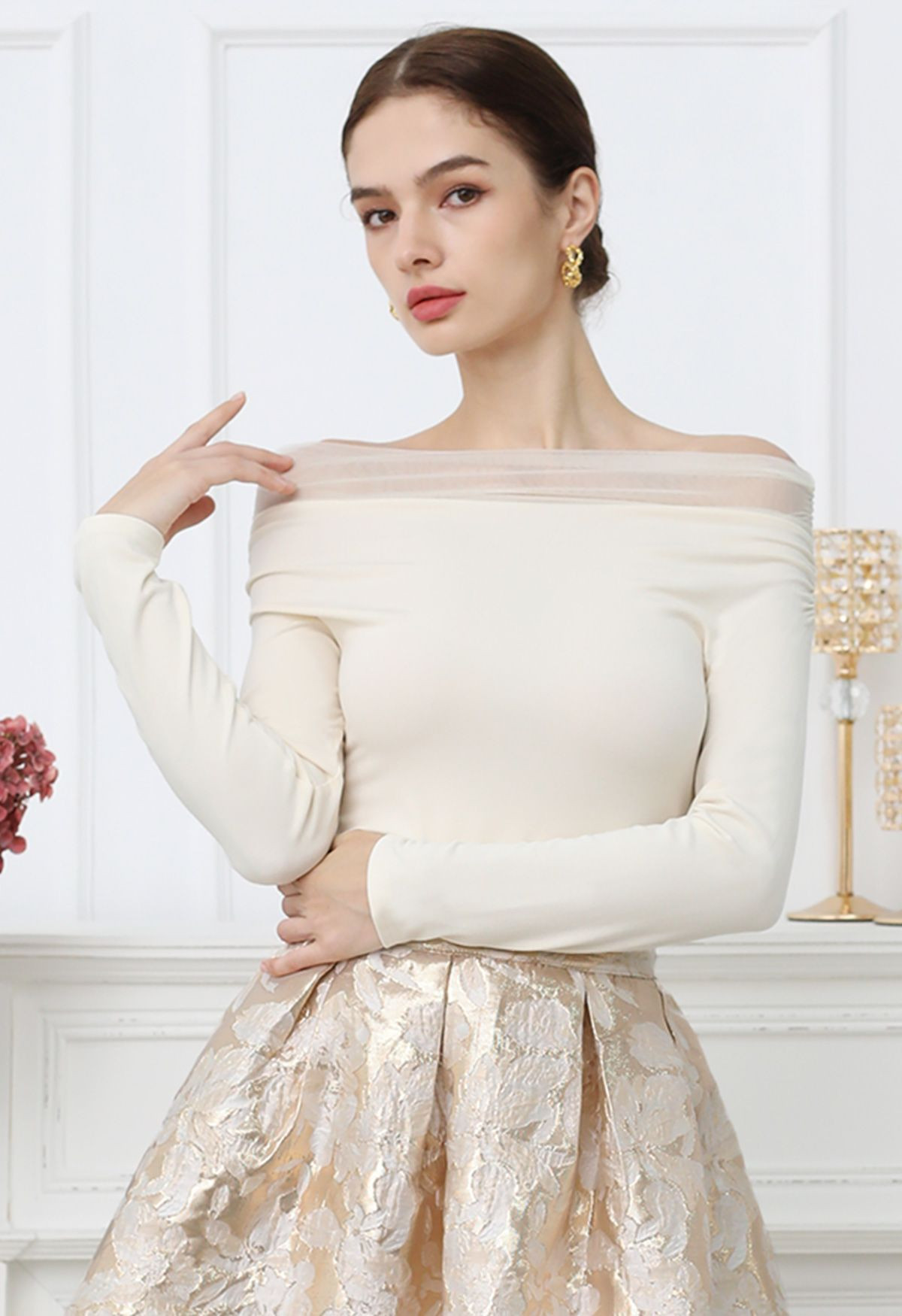 Off-Shoulder Mesh Spliced Top in Ivory | Chicwish