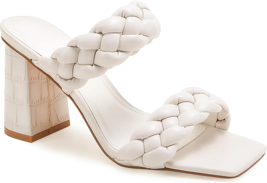 Womens Braided Heeled Sandals  Square Open Toe Strappy Slip On Slide Shoes | Amazon (US)