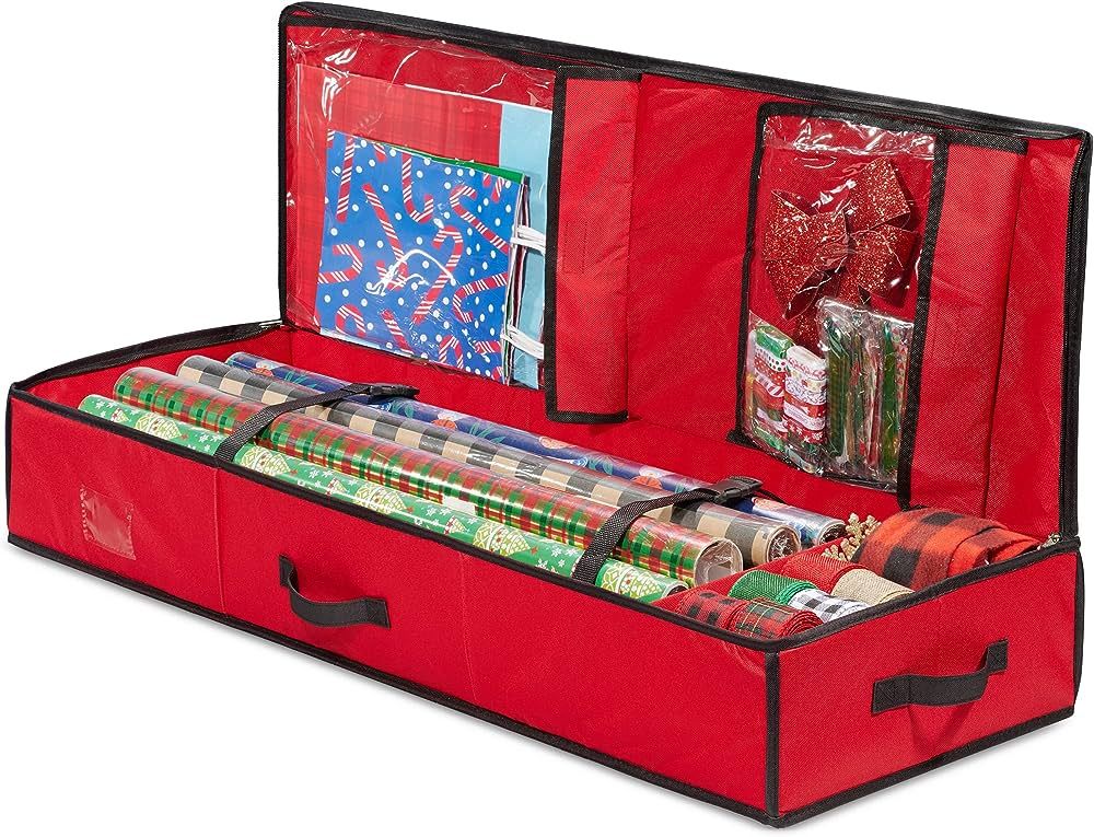 Nakior Christmas Wrapping Paper Storage Container – Xmas Gift Wrap Organizer With Pockets– Stores up | Amazon (US)