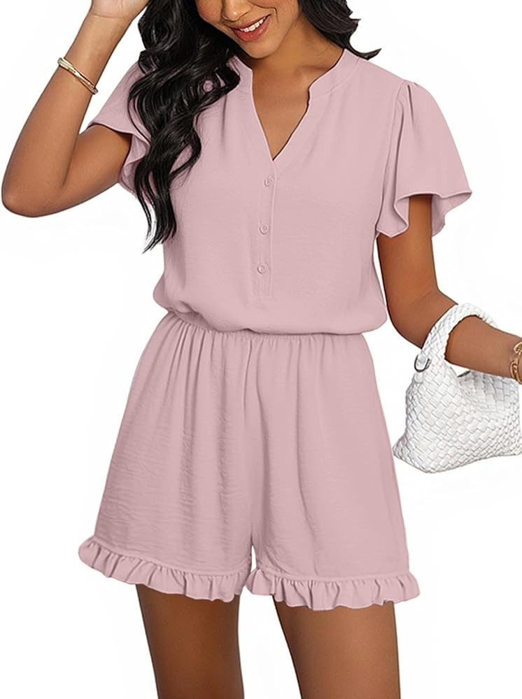 ECOWISH Womens Shorts Rompers Summer Button Short Flare Sleeve Ruffle Wide Leg Mini One Piece Jum... | Amazon (US)