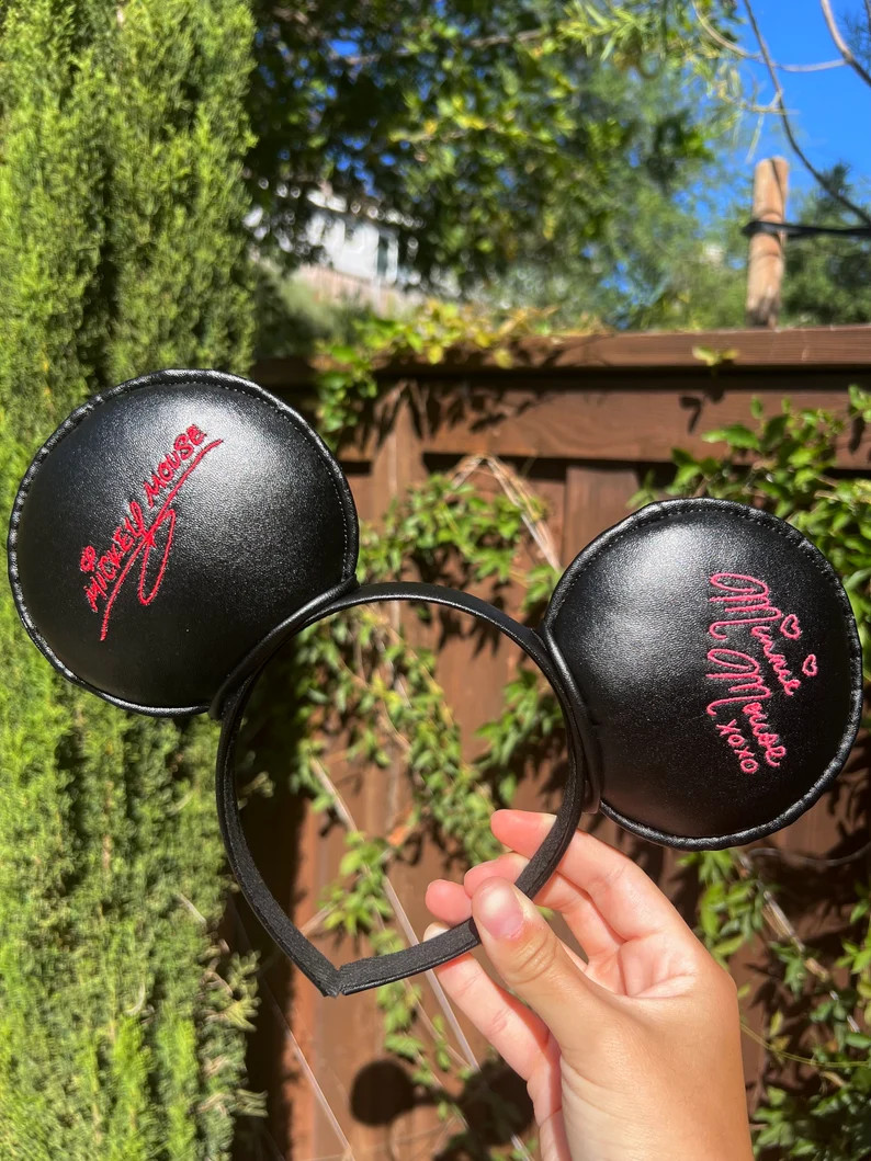 Embroidered Black Faux Leather Mouse Ears / Black Mouse Ears / Embroidered Character Signatures -... | Etsy (US)