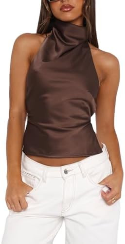Womens Mock Neck Satin Tank Tops Backless Silk Halter Top Sexy Open Back Sleeveless Crop Tank Top... | Amazon (US)