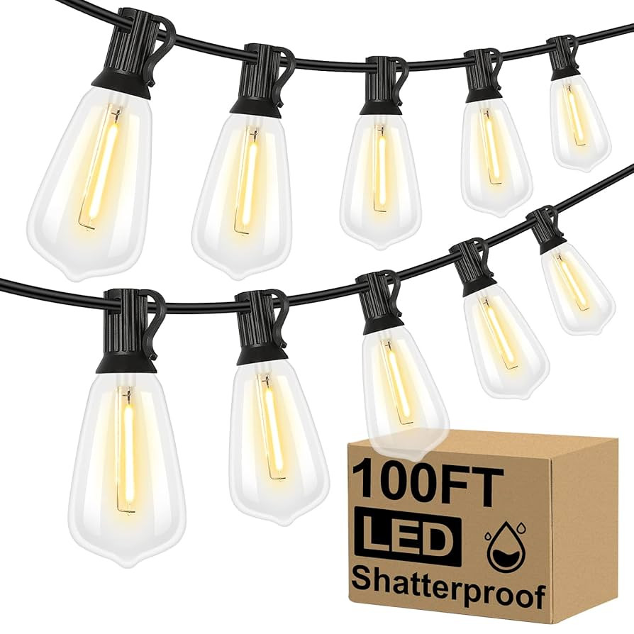 Brightever LED Outdoor String Lights 100FT Patio Lights with 52 Shatterproof ST38 Vintage Edison ... | Amazon (US)