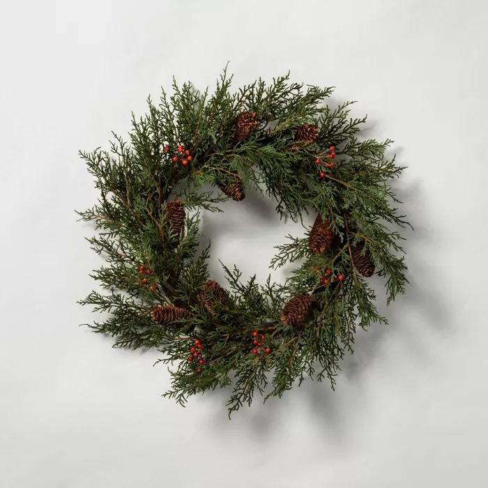20" Faux Cedar Wreath with Red Berries and Pinecones - Hearth & Hand™ with Magnolia | Target