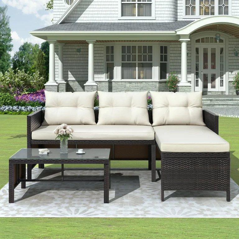 3 Piece Patio Furniture Set, All-Weather Outdoor Sectional Sofa Set, PE Rattan Conversation Set w... | Walmart (US)