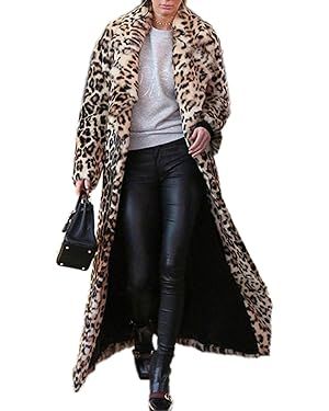 DJBM Women's Sexy Elegant Vintage Leopard Print Lapel Faux Fur Long Maxi Coat Jacket | Amazon (US)