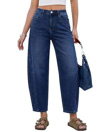 GRAPENT Jeans for Women Trendy Womens Wide Leg High Waist Crop Cute Stretch Barrel Jeans Cropped Denim Pants, Darkness Blue, M, US Size 8 to 10 | Amazon (US)