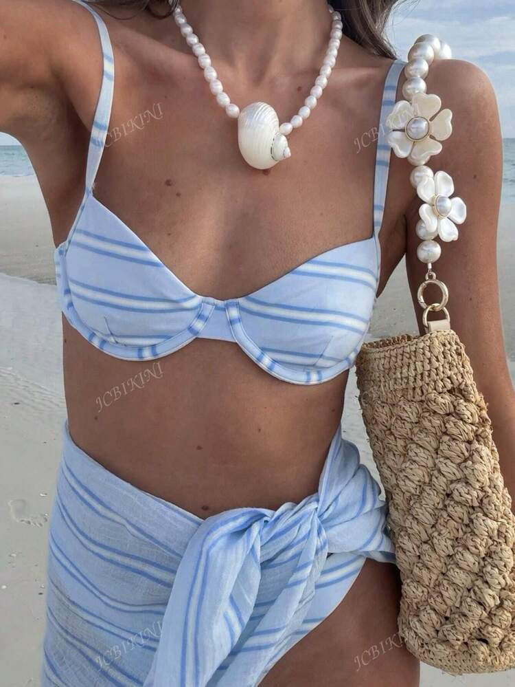 Ladies Swimsuit, Sexy Fashion,Blue Swimwear Three Pieces Set,Summer Beach,Bikini Set. | SHEIN