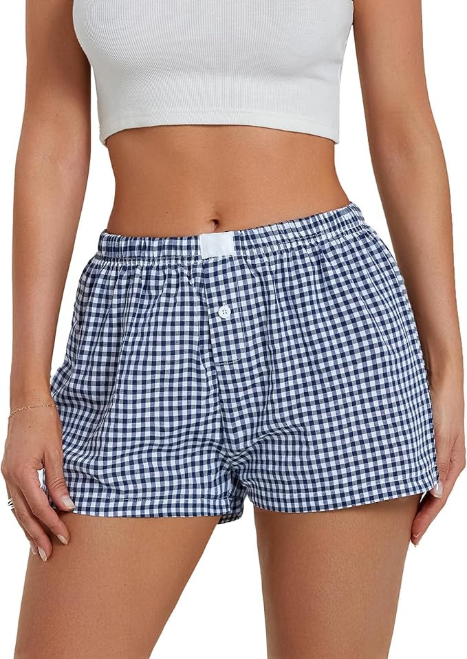 Women's Y2K Lounge Shorts Cute Soft Elastic Low Waist Plaid Print Button Front Pajama Bottoms Box... | Amazon (US)