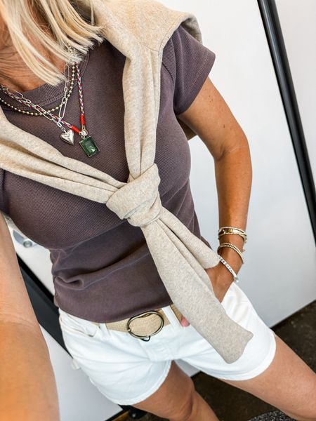 On sale through 4/22 with code THANKS

White denim shorts- I sized up to a 4.  Normally would be a small or 2 here.
Tee is small
Cardigan is a medium for an over sized fit 
Necklaces in sale
Belt is stretchy and adjustable
Summer outfit
Neutral colors
Tee is like a mocha brown

#LTKsalealert #LTKstyletip #LTKfindsunder50