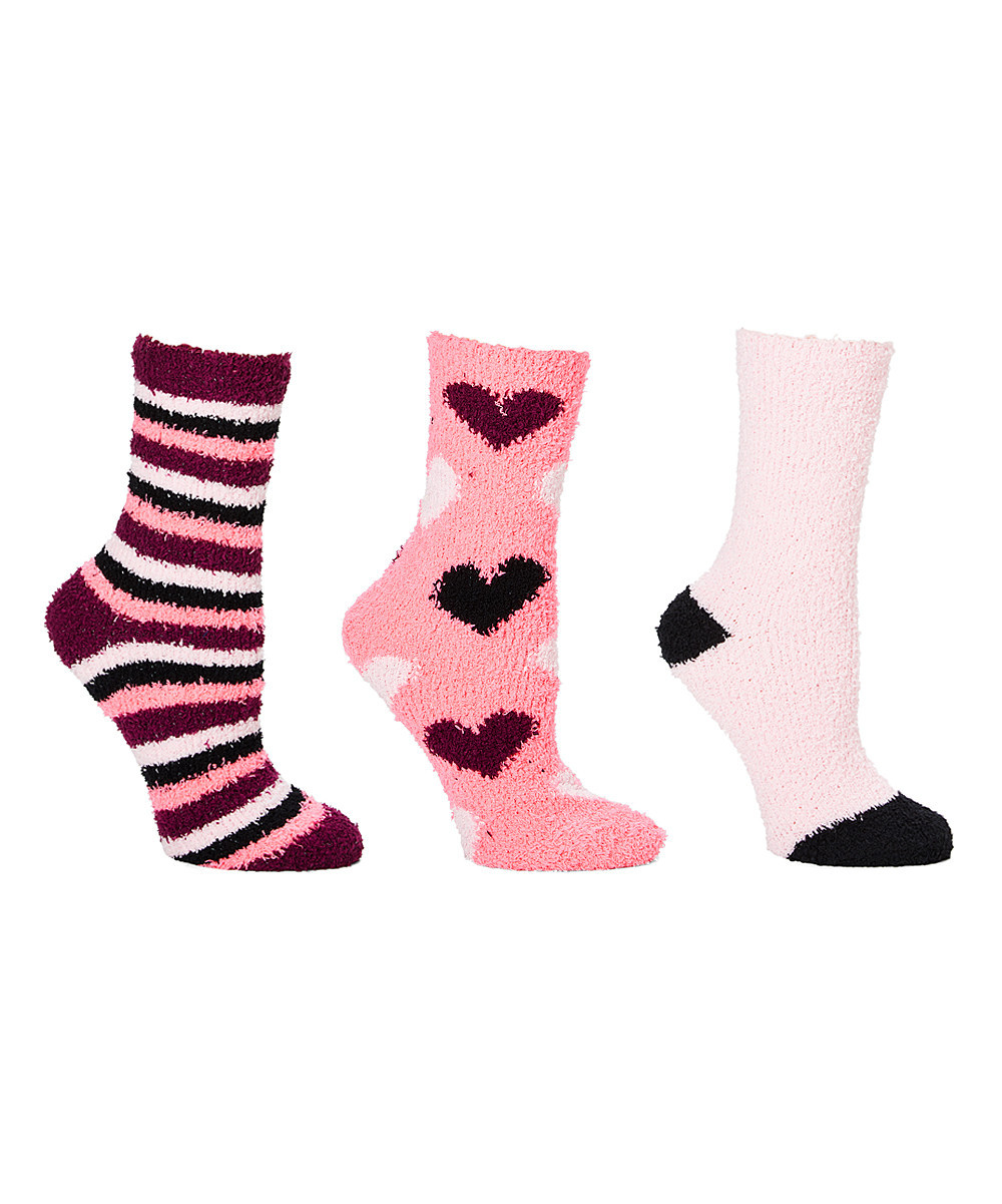 Betsey Johnson Women's Socks - Pink & Black Stripe Heart 3-Pair Fuzzy Socks Set - Women | Zulily