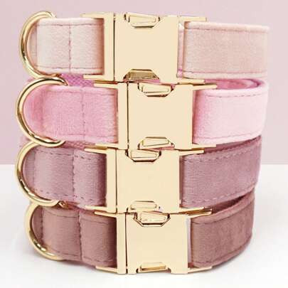 Pink Velvet Pet Dog Collar With Gold-Color Zinc Alloy Buckle, Suitable For Large/Medium/Small Dogs, Soft&Comfortable Velvet, Durable Zinc Alloy Buckle | SHEIN