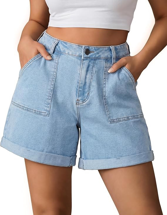 roswear Women's Jean Shorts Stretch Baggy with Cuffed Hem Large Pockets | Amazon (US)