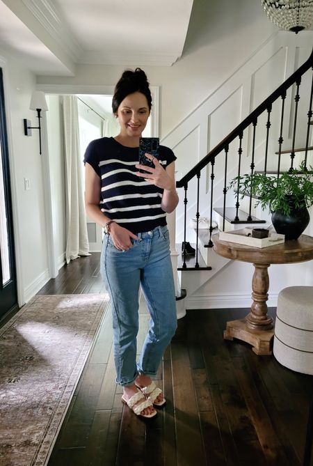Sunday casual OOTD - loving these affordable levi jeans and sleeveless striped sweater this summer!

#LTKFindsUnder50 #LTKStyleTip #LTKShoeCrush