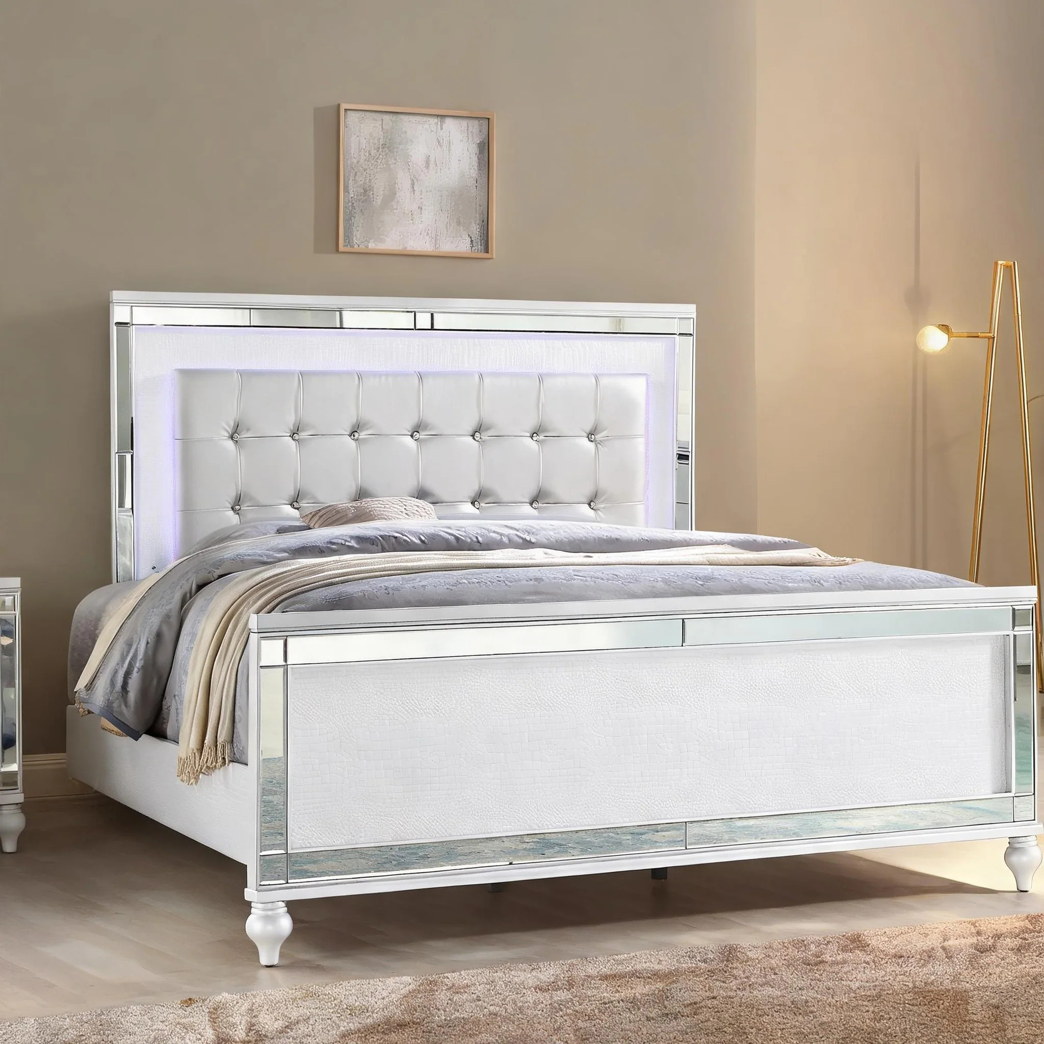 SunJet Queen Upholstered Bed with Crystal-Tufted LED Headboard Mirrored Frame White Finish one_size | UNQTPD76Y7GH | Lowe's