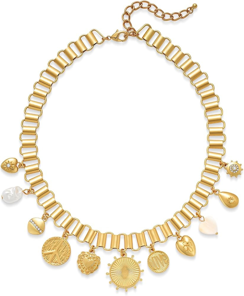 Chunky Multiple Charms Necklace for Women Boho Vintage Adjustable Gold Chain Necklace Bold Statem... | Amazon (US)