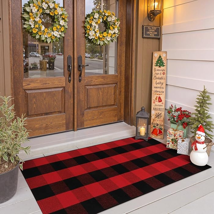 OJIA Christmas Front Door Mat 24"x51", Red Plaid Front Porch Rug Machine Washable Rugs for Kitche... | Amazon (US)