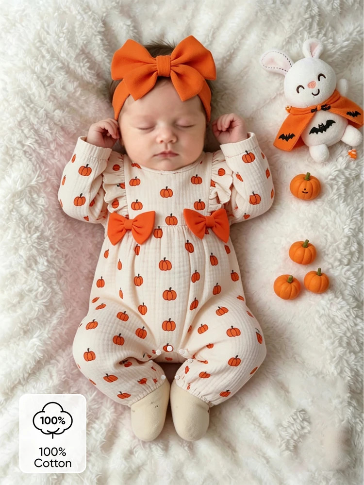 SHEIN Newborn Baby Romper & Headband 2-Piece Set, Cute Halloween Pumpkin Print Pattern, Long Slee... | SHEIN