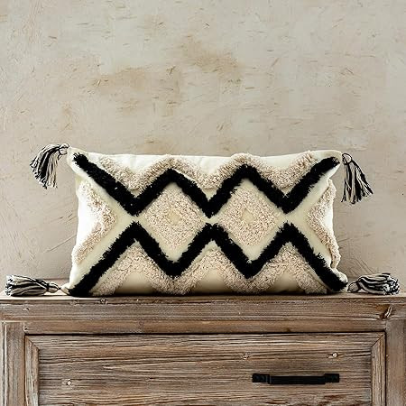 Woven Tufted Boho Lumbar Throw Pillow Cover, Modern Decorative Geometric Chevron Cushion with Tas... | Amazon (US)