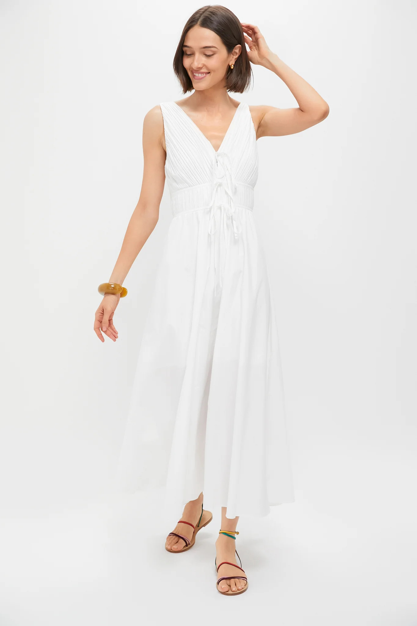 White V-Neck Pleated Midi Dress | Tuckernuck (US)