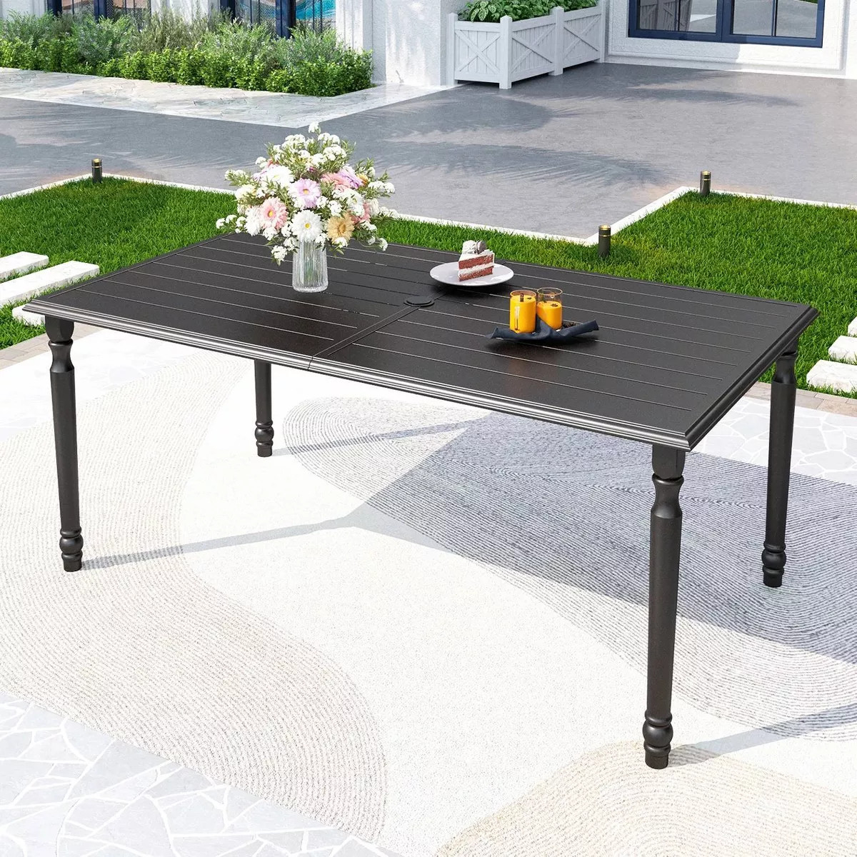 Outdoor Steel Rectangle Dining Table with 1.77" Umbrella Hole - Captiva Designs: 6-Seater, Powder... | Target