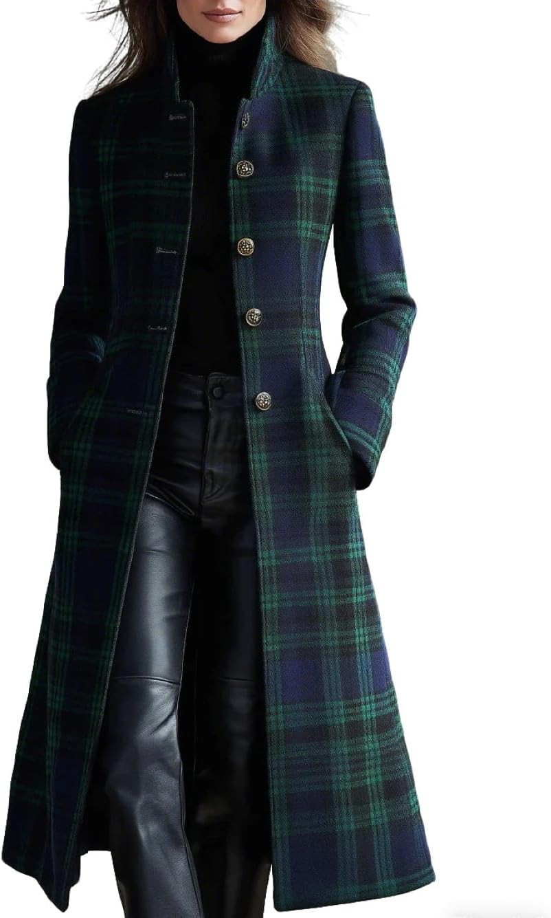CHARTOU Women Long Wool Plaid Pea Coat Fall Winter Casual Single Breasted Midi Trench Overcoat Outwear | Amazon (US)