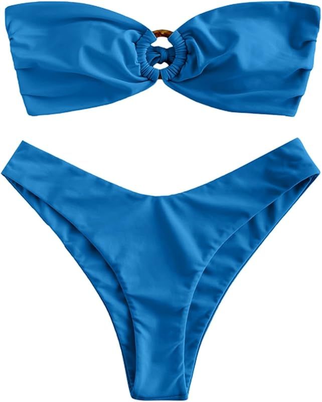 ZAFUL Women's Tie Dye Ribbed O Ring Lace Up Tie Side Bandeau Bikini Set Two Piece Swimsuit Sexy S... | Amazon (US)