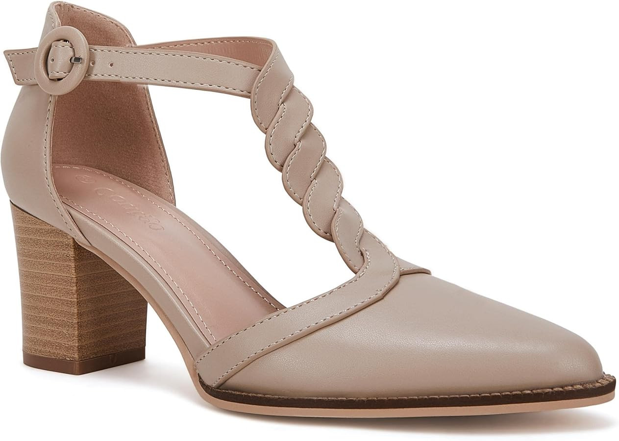 Womens Block Chunky Heels T Strap Dress Shoes Closed Toe Stacked Heeled Pumps Sandals | Amazon (US)
